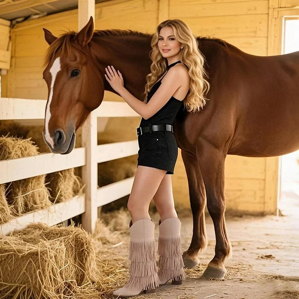Women Retro Pointed Faux Suede Apricot Fringe Knee High Western Cowgirl Boot